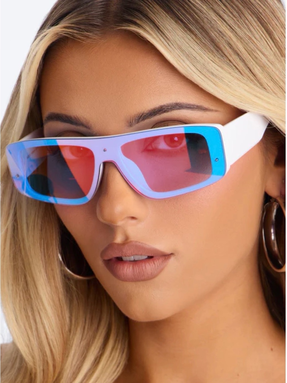 Colorblock Blue-Pink Mirrored Lens Women's Sunglasses - Picture 2 of 4